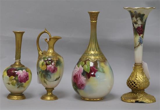 Four Royal Worcester decorative vases painted with roses, various, H 18cm to 23cm